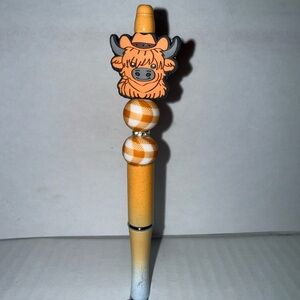 Handmade Beaded Pen- Cute Highland Cow with plaid silicone beads